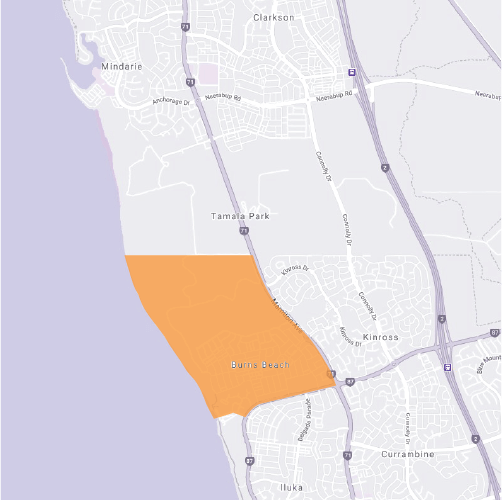 Branded map for Burns Beach where Move Homes has house and land packages in Perth for home builders and first time buyers