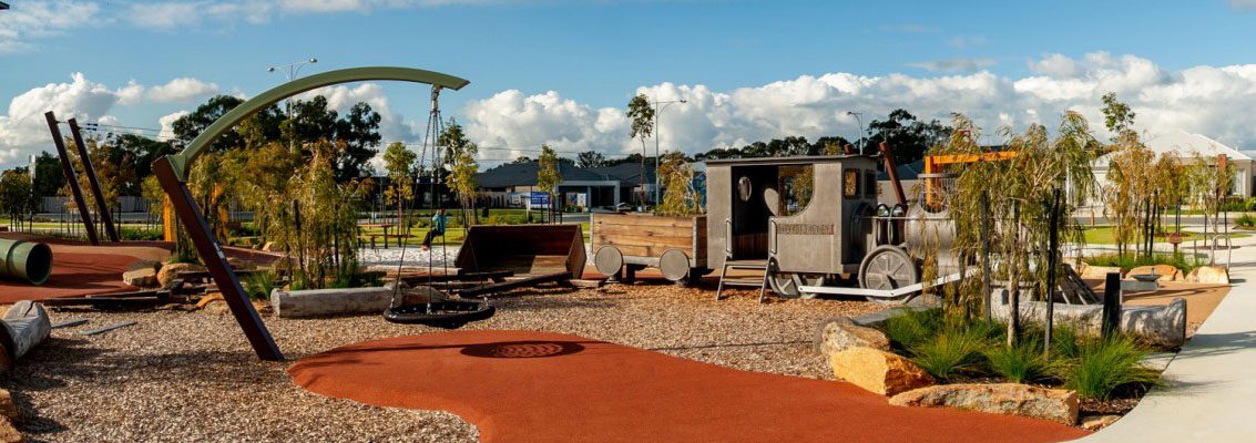 A panorama of Steamrail Adventure Park in Baldivis. This park is both aesthetically pleasing and fun for kids. Baldivis is a great place to raise your kids and Move Homes has house and land packages here. Think about building with us.