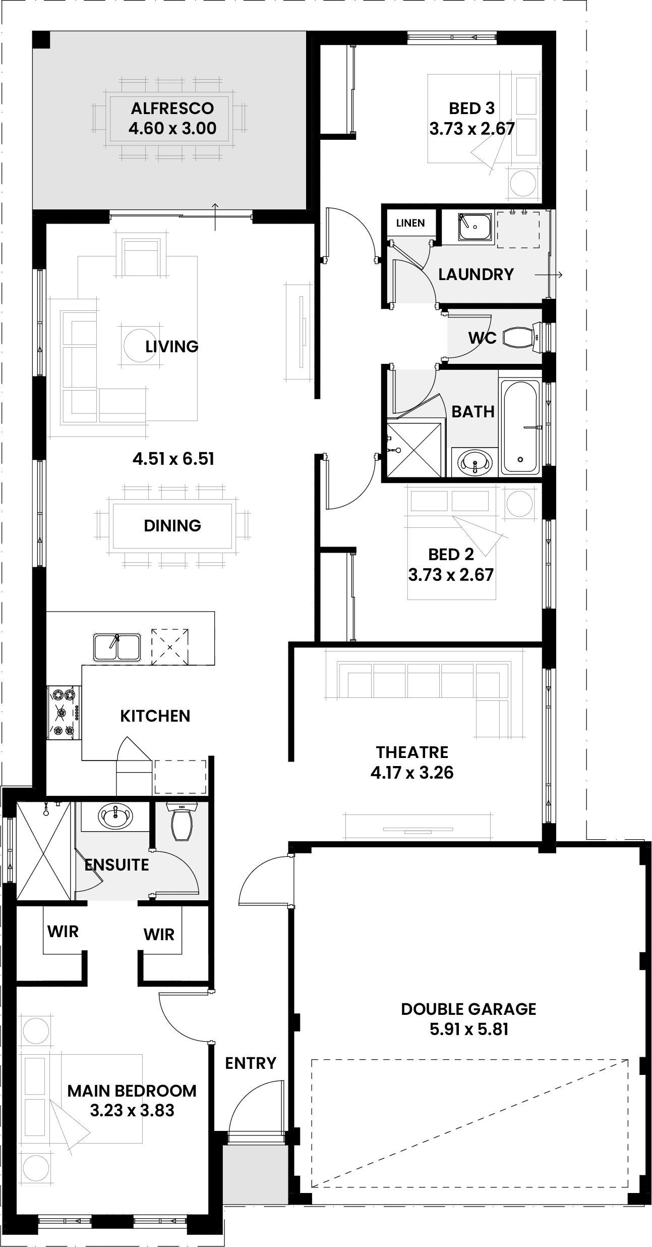 Floorplan for The Basswood, a Move Homes new home design perfect for first time buyers and new builders in Perth